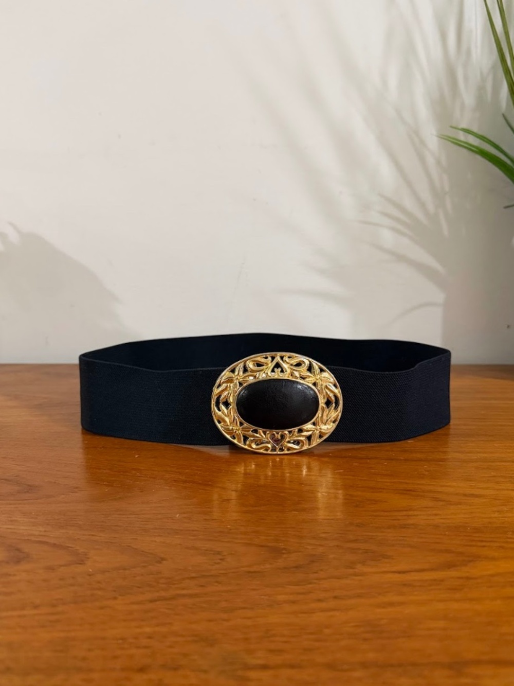 Vintage 80s Black Elastic Waist Belt with Gold Metal Buckle Women's Size M